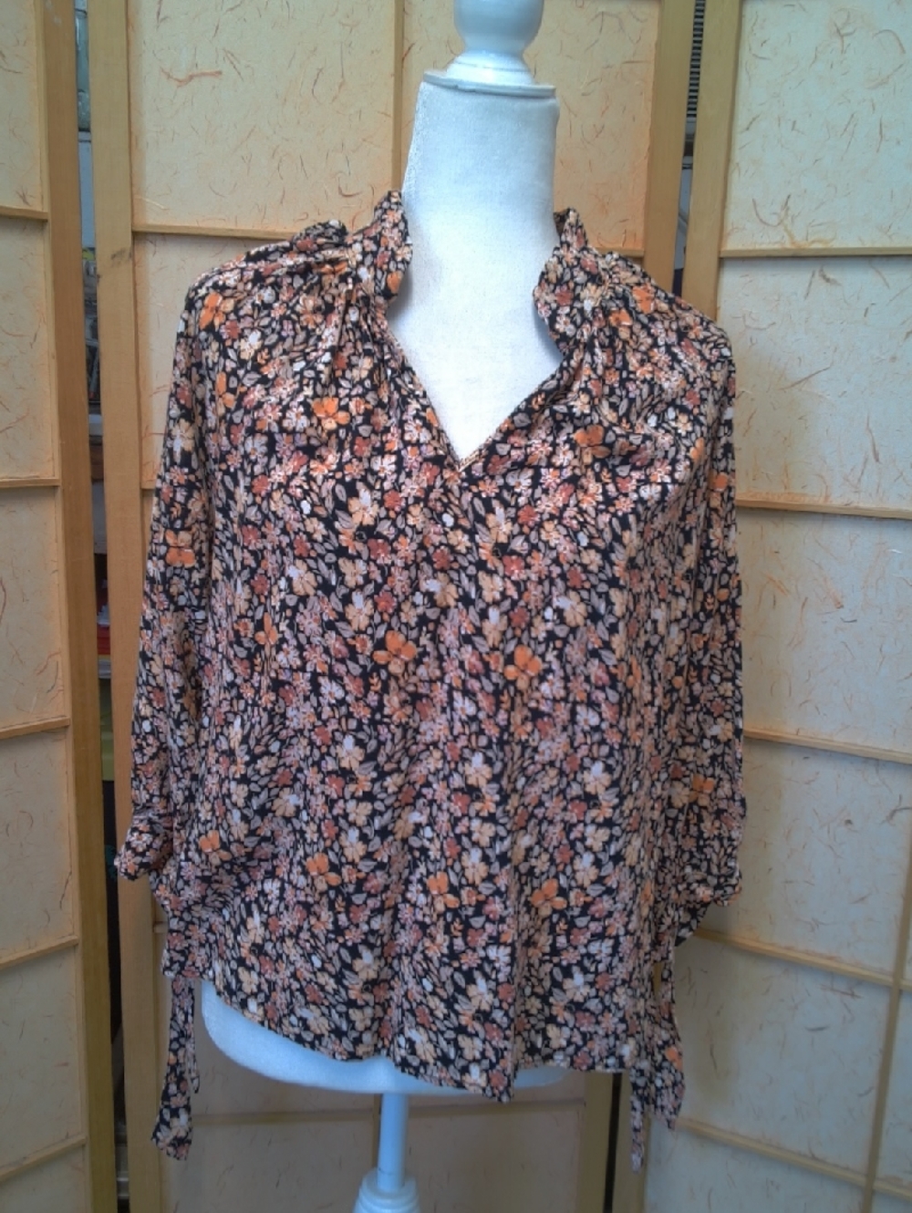 Cynthia Rowley Black Blouse with Orange Floral Prints Size L